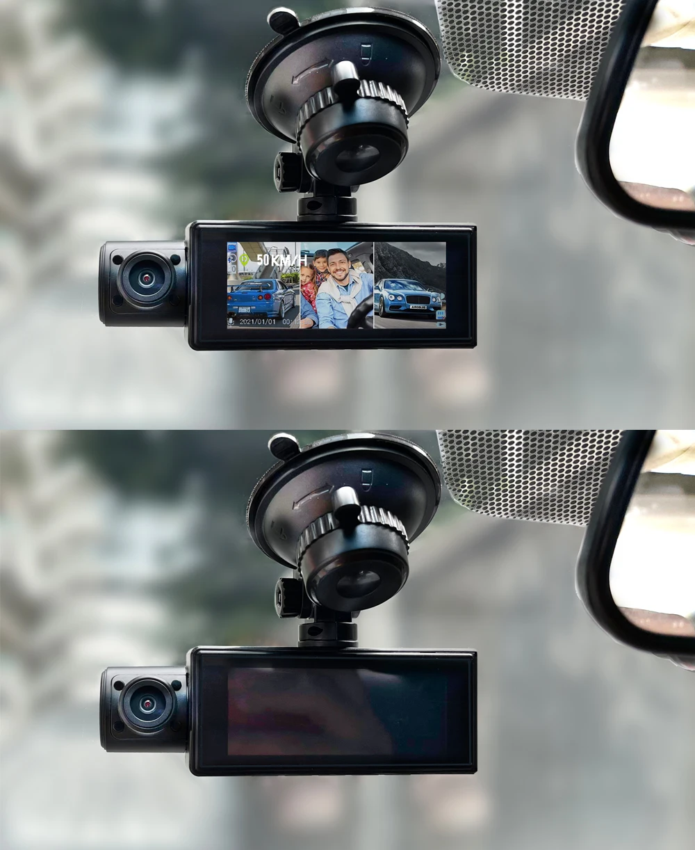 

factory wholesale dashcams 1080p three lens car cameras with external GPS car go tracker mini dash camera driving speed display