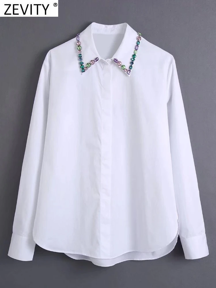 

Zevity Women Fashion Diamond Beading Turn Down Collar White Poplin Blouse Office Ladies Breasted Shirt Chic Blusas Tops LS10110