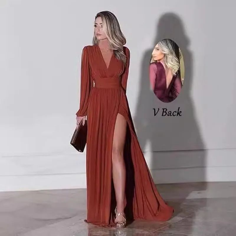 Оранжевое шифоновое вечернее платье с v-образным вырезом и рукавами-фонариками