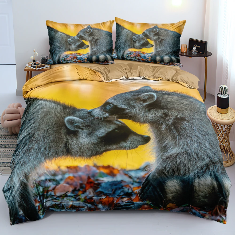 

3D 2/3PCS Comforter Cover Set Yellow Duvet Cover Set Animal Raccoon Pattern Bedclothes With Pillowcases Single Double Queen King