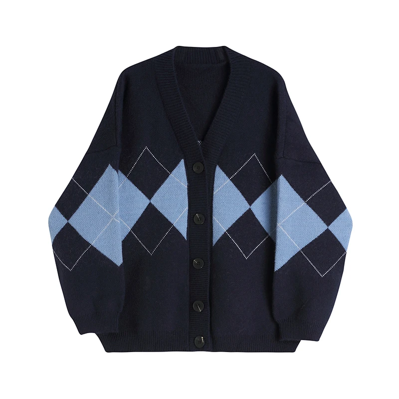 

Вязаный винтажный женский свитер большого размера, пальто с V-образным вырезом, Женский однобортный Кардиган в клетку в стиле преппи, свобод...