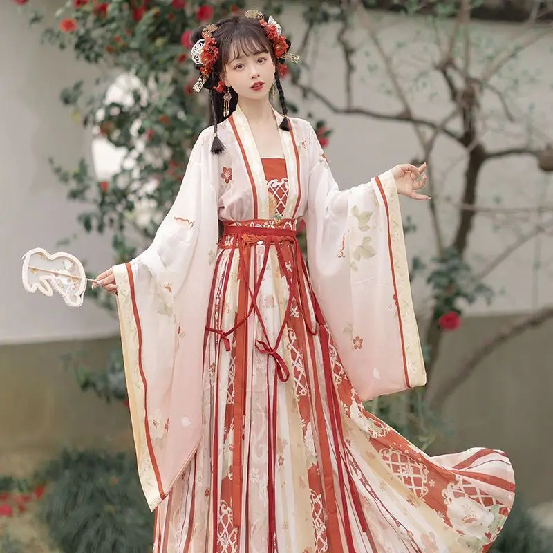 Hanfu Traditional Dress Women Ancient Chinese Hanfu Outfit Female Cosplay Costume Party Show Hanfu Blue&Red 3pcs Set Plus Size