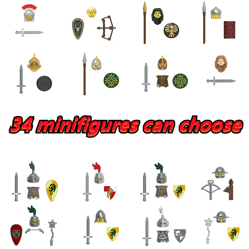 

Medieval Military Sets Figures Building Blocks Helmets Soldier Parts Knight Weapons Roman Sword Accessories Toys for Children