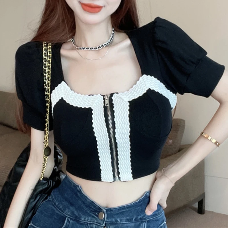 

Black Hit Color Square-neck Stitching Short-sleeved T-shirt Women's Summer Slim Fit Cropped Navel Hit Color Retro Tops