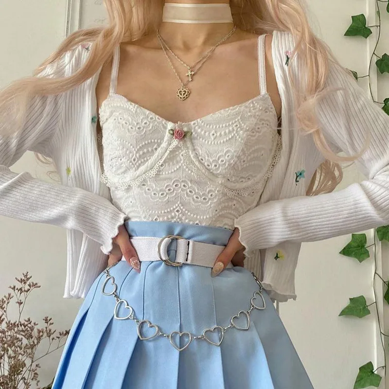 

Y2k White Tank Tops Patchwork Lace Button Bow Sleeveless Women Camis 2022 New Fashion Y2K Elegant Fairy Grunge E Girl Short Top