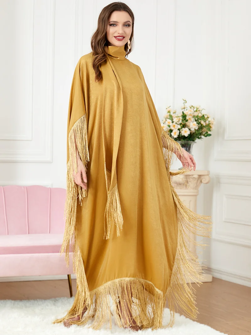 Fringe Kaftan Moroccan Batwing Caftan for Women Soft Satin Patchwork Scarf Batwing Muslim Long Dress Dubai Turkish Modest Abayas
