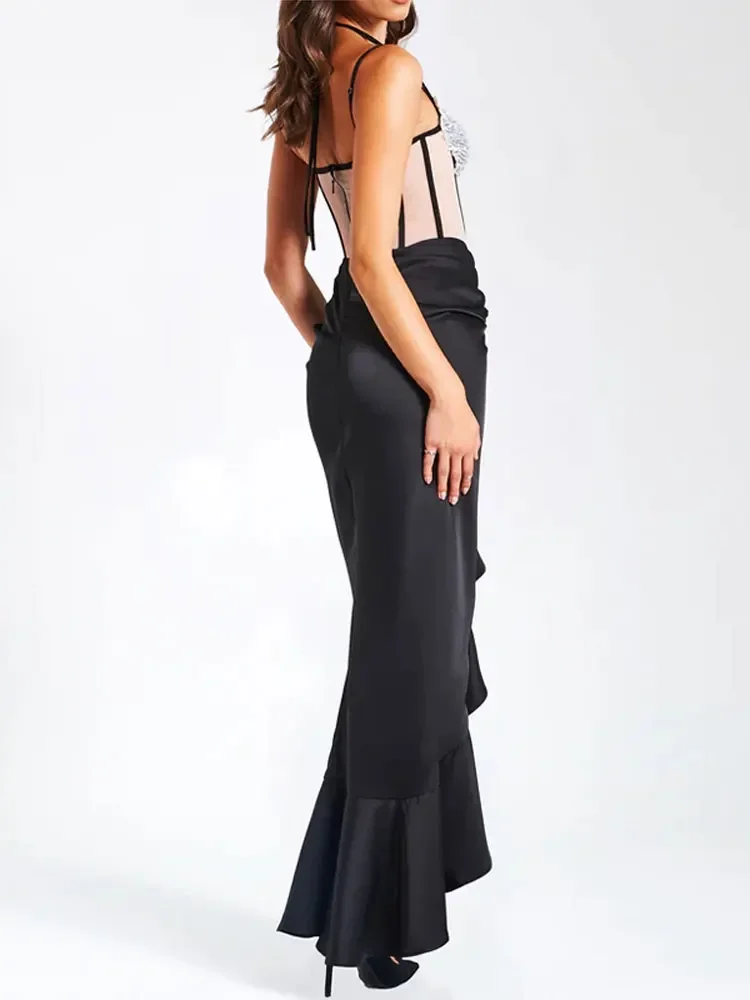 

Elegant Solid Perspective Patchwork Maxi Dress Fashion Sleeveless Pleated Bodycon Dresses 2023 Female Backless Party Club Robe