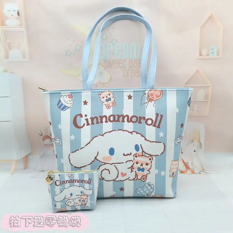 Korean Style Women's Portable Shopping Bag Cinnamoroll Striped Minimalist Cartoon Cute Shoulder Bag Large Capacity Pu Bag Sanrio