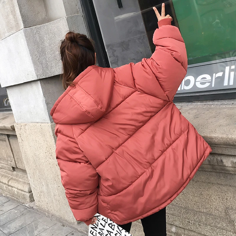 New Winter Loose Short Down Cotton Coats Women Hooded Solid Thick Warm Fashion Padded Jacket Female Clothing Black Tops Parkas