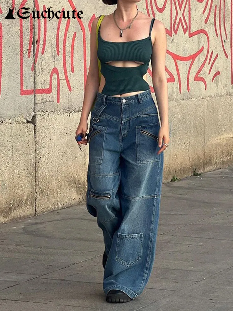 SUCHCUTE уличная одежда на молнии женские джинсы корейская мода джинсовые брюки с