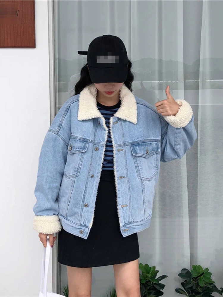 Jeans Jacket Women 2023 Winter New Lamb Fleece Fashion Polo Neck Denim Jack Casual Loose Versatile Short Coat Streetwear Women