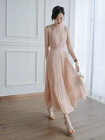 new summer dress fashion temperament romantic elegant solid color gentle and sweet pleated skirt high waist womens vest dress