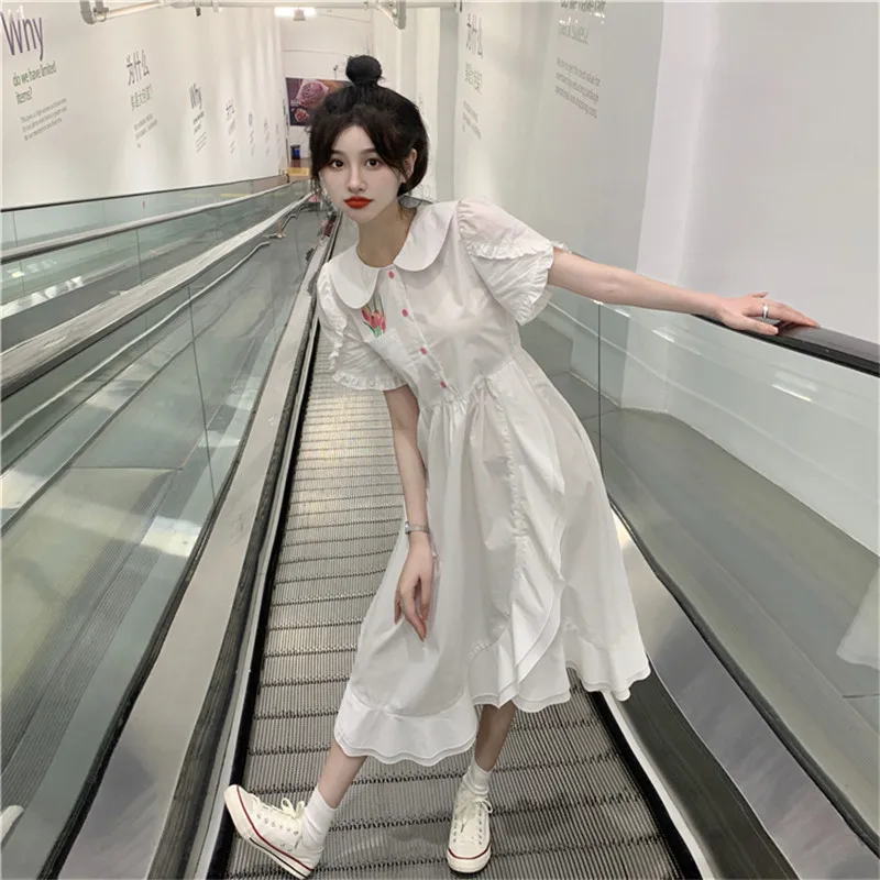 

Student Girl Sweet Peter Pan Collar White Blue Shirt Dress Summer Holiday Flower Puff Sleeve Dress A Line Irregular Doll Dress
