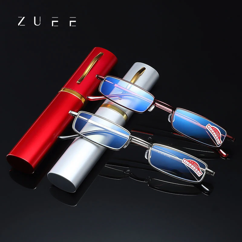 

ZUEE Reading Glasses Anti-blue Light For Men Women Metal Frame Portable HD Pen Holder Ultralight Glasses Radiation Protection