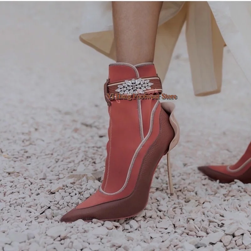 

Women Flower Bud Heels Ankle Boots Black Wrinkle Leather Suede Patchwork Pointed Toe Floral Crystal Belt Buckle Modern Boots
