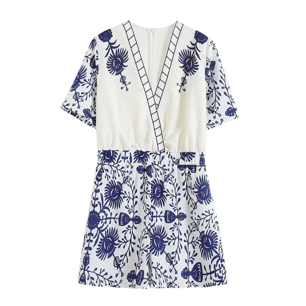 

Женский комбинезон с коротким рукавом Za, винтажный комбинезон с V-образным вырезом, голубого и белого цвета, 2022