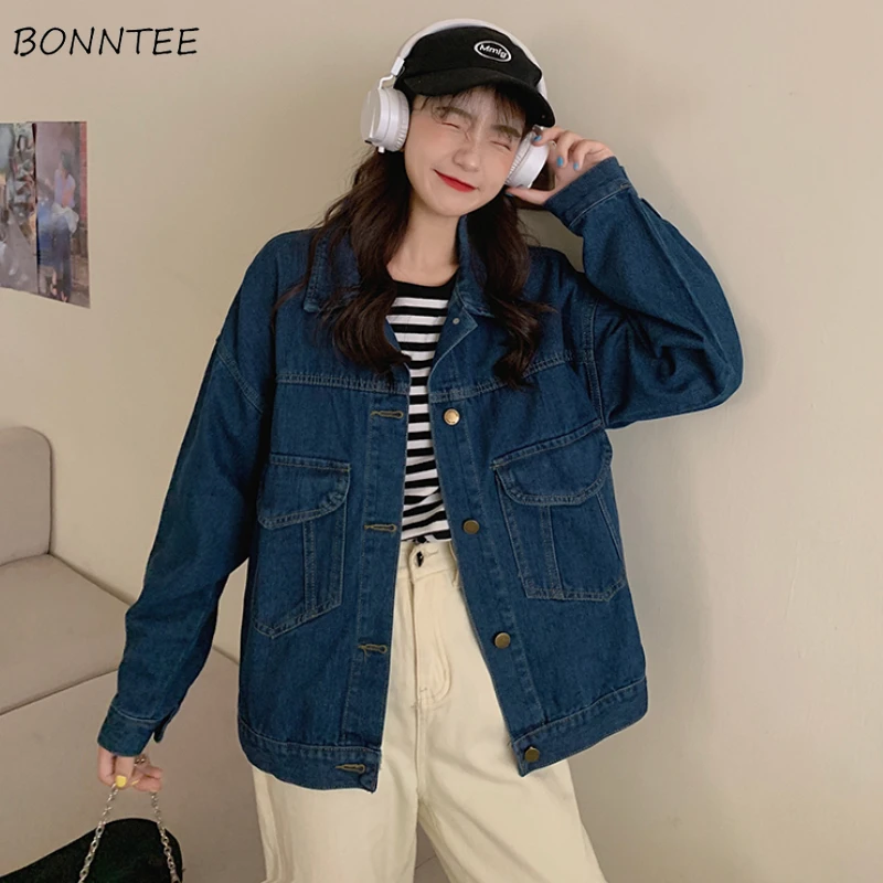 

Basic Jackets Women All-match High Quality Ulzzang Simple Retro New Arrival Pockets Loose Streetwear Clothing Fashion Ins Mujer