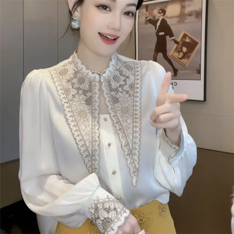 

White Lantern Sleeve Blouse 2023 Spring Women Elegant Design Hollow Out Embroidery Shirt Lady Office Wear Fashion Loose Chic Top