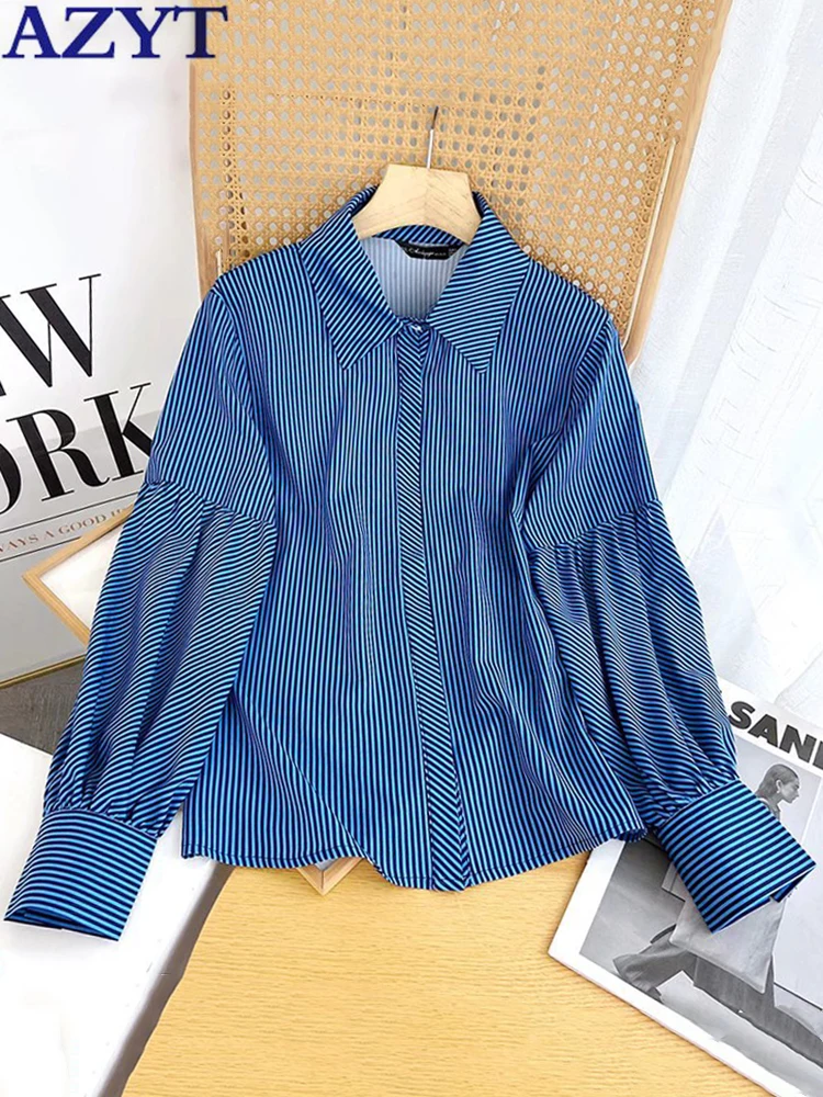 

AZYT High Quality Stripe Shirt Women's Blouse Korean Fashion Lantern Sleeve Casual blusas mujer de moda 2022