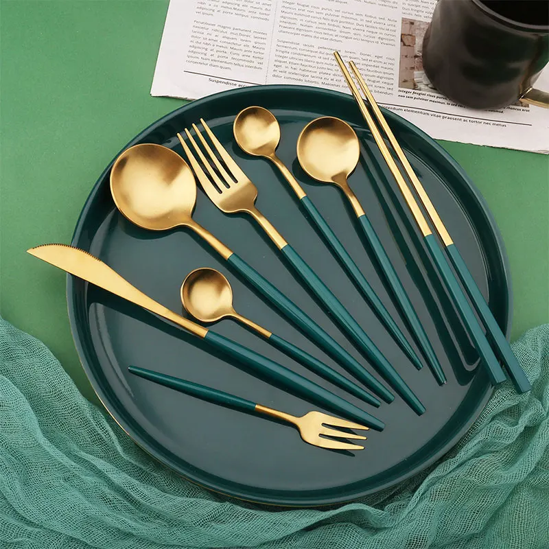 

Korean Stainless Steel Tableware Set Green Dinner Knife Fork Spoon Cutlery Dinnerware Silverware Flatware