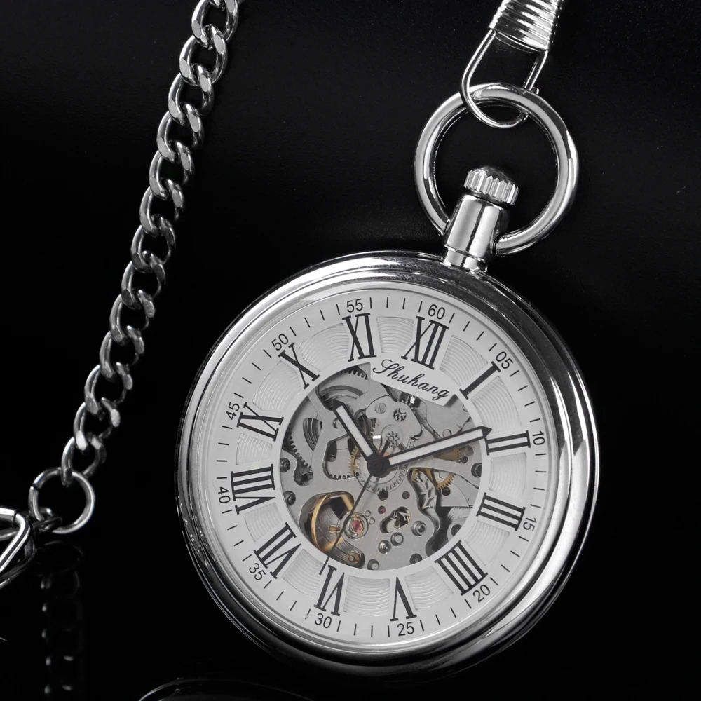 New Bright Silver Roman Digital Mechanical Pocket Watch Retro Hollow Case Analog Skeleton Men's Mechanical Pocket Watch