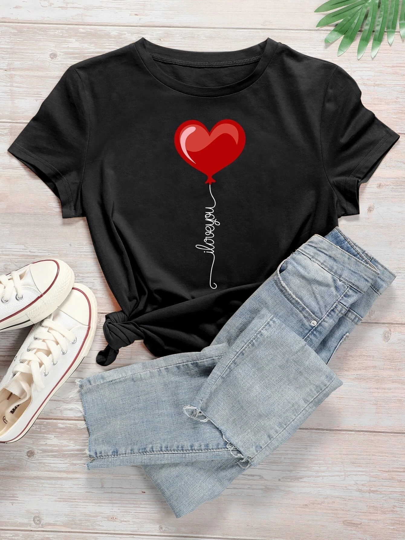 

ZOGANKIN Female Fashion Short Sleeve Tshirts Red Love Heart Ballon Graphic Printed Women T-shirt Ladies Casual Black Tee