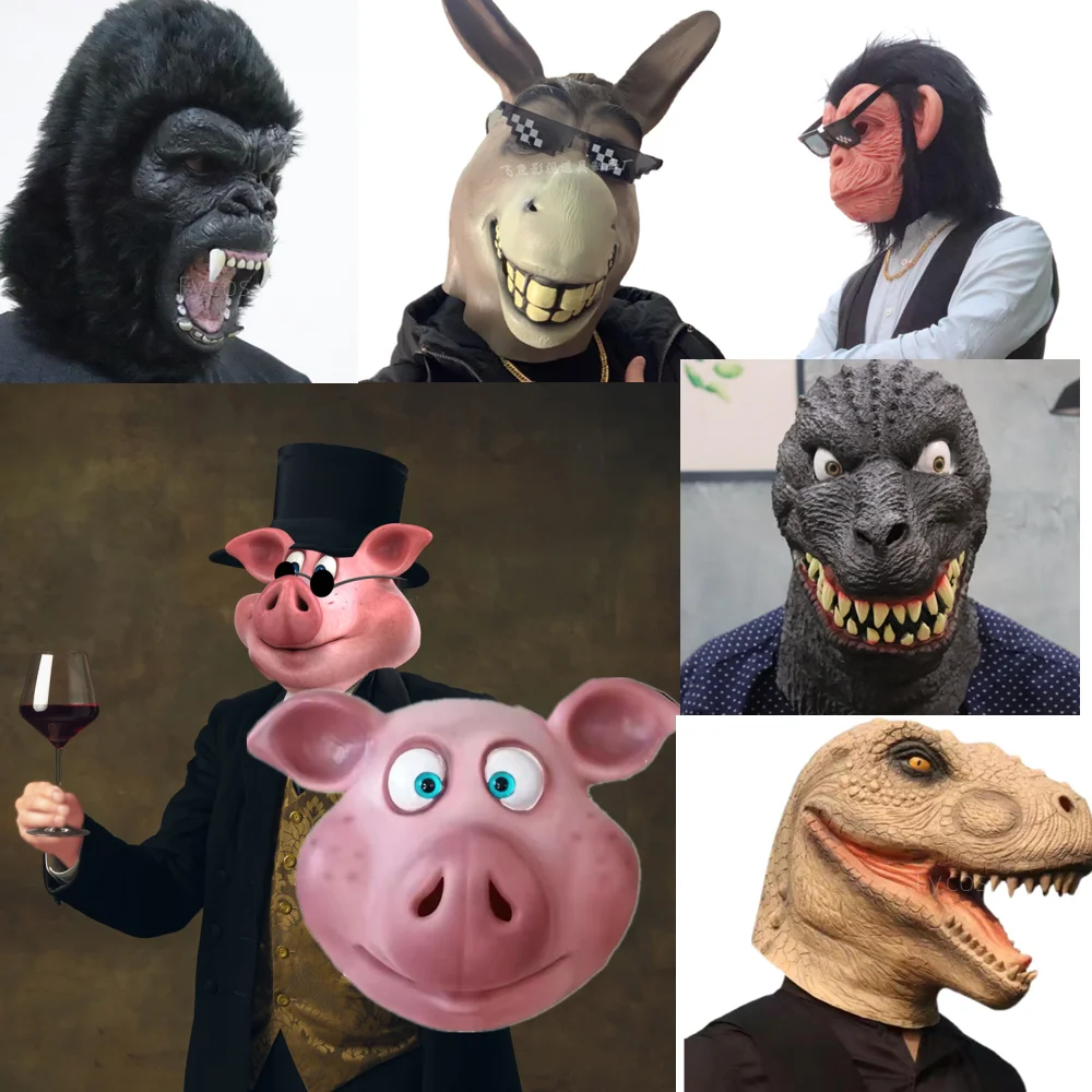 Furry  Animal Mask for Men Real Latex Hood Pig Gorilla Donkey Dino Head Cover Helmet Prop Accessories Halloween Cosplay Costume