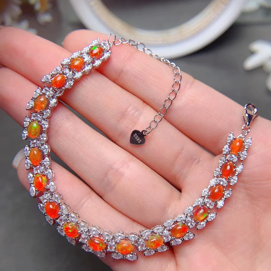 

MeiBaPJ Real Natural Fire Opal Bracelet 925 Sterling Silver Colorful Stone Bangle for Women Fine Wedding Jewelry