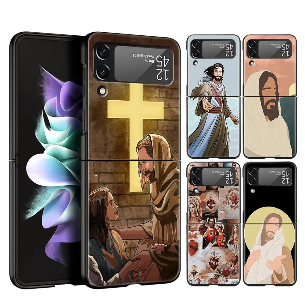 

For Samsung Galaxy Z Flip 3 4 5G Hard Black Folding PC Phone Case New Faith Christian Religious Jesus For Samsung Z Flip3 Cover