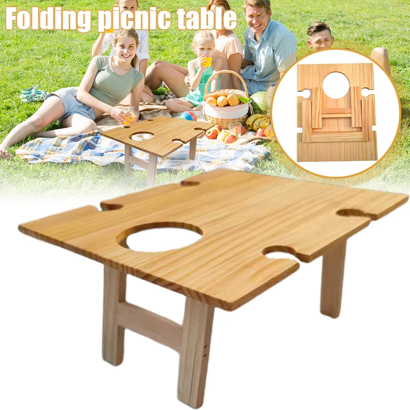 

Wooden Folding Picnic Table Portable Rectangular Desk with 4 Goblet Holder & 1 Wine Bottle Slot for Travel Beach jlrr