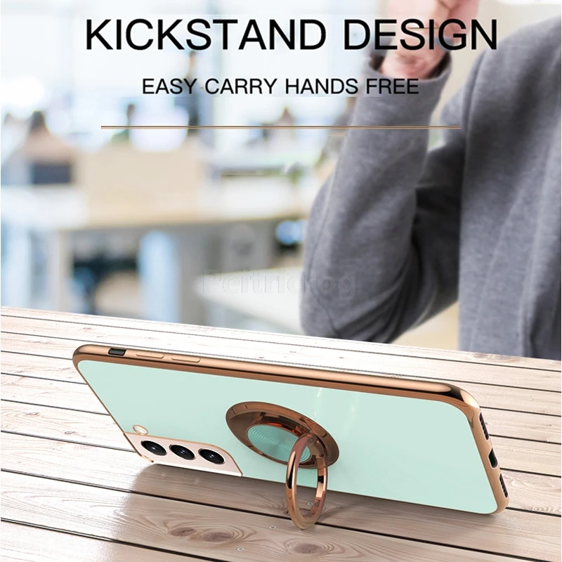

Luxury Plating Silicone Finger Ring Holder Case For Samsung Galaxy S22 S21 S20 S10 Note 20 9 10 Plus A72 A52 A42 A32 Soft Cover