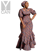 african dresses for women dashiki ankara print slim ruffles long dresses with headwrap bazin riche elegant vestidos y2225020