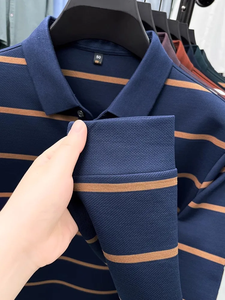 2024 Spring and Autumn New Long sleeve Polo Shirt Color Stripes Yarn-dyed Jacquard Stripe Middle-Aged Daddy Clothes High end ...