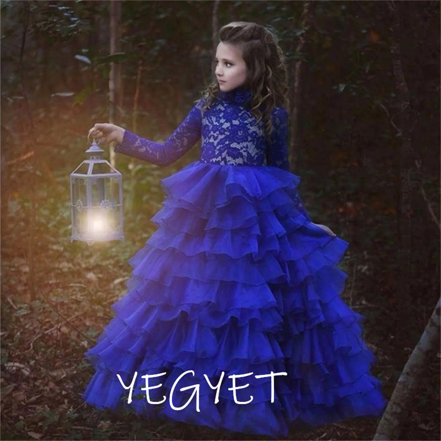 

Кружевные Детские платья с оборками и цветочным принтом для девочек, бальное платье с длинным рукавом, детские платья с высоким воротником, Королевского синего цвета, платья для девочек на свадьбу