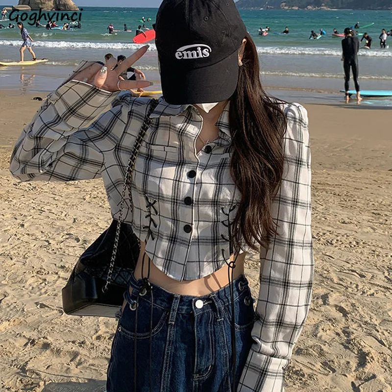 

Shirts Women Simple New Arrival Popular Fashion All-match Simple Button Korean Style Summer Thin Breathable Clothing Plaid Soft