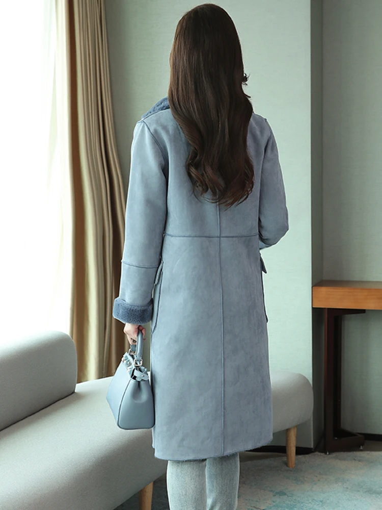 Velvet Thicken Woman Long Coat Jacket Warm Faux Suede Parka Female Double Breasted Gray Jacket 2022 Winter  Women'S Clothing