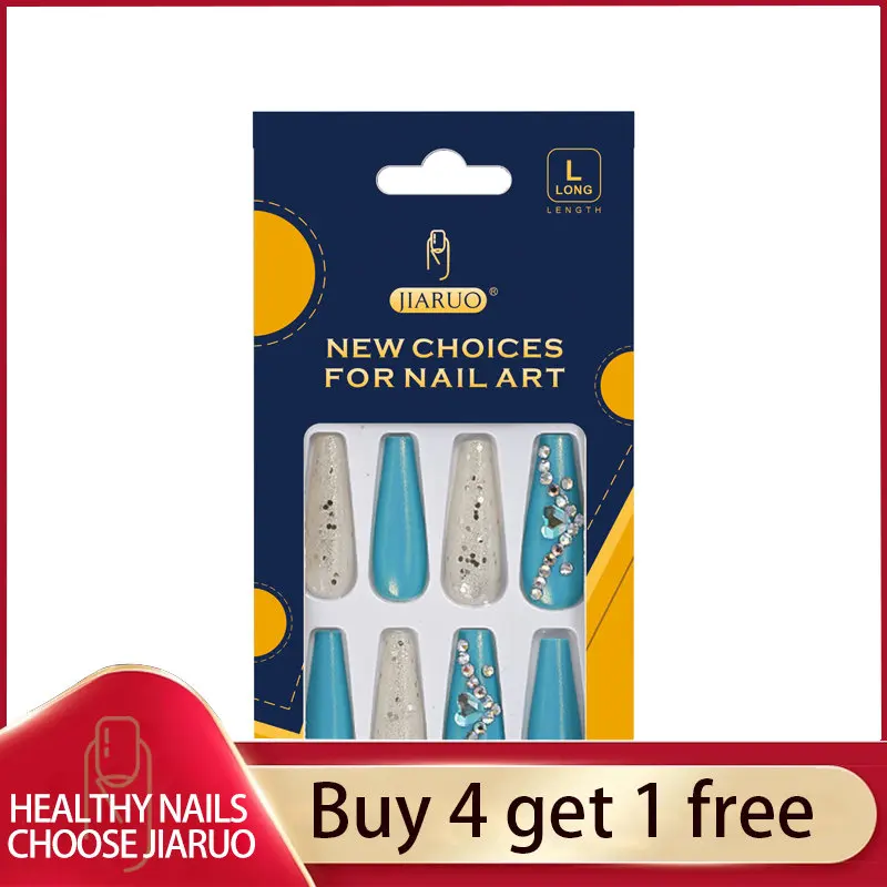 

JIARUO Press on Nail 12/pcs Long Fake Nails Tips Glitter Sequins Art Colorful Artificial Point Drill with Designs Ballet Acrylic