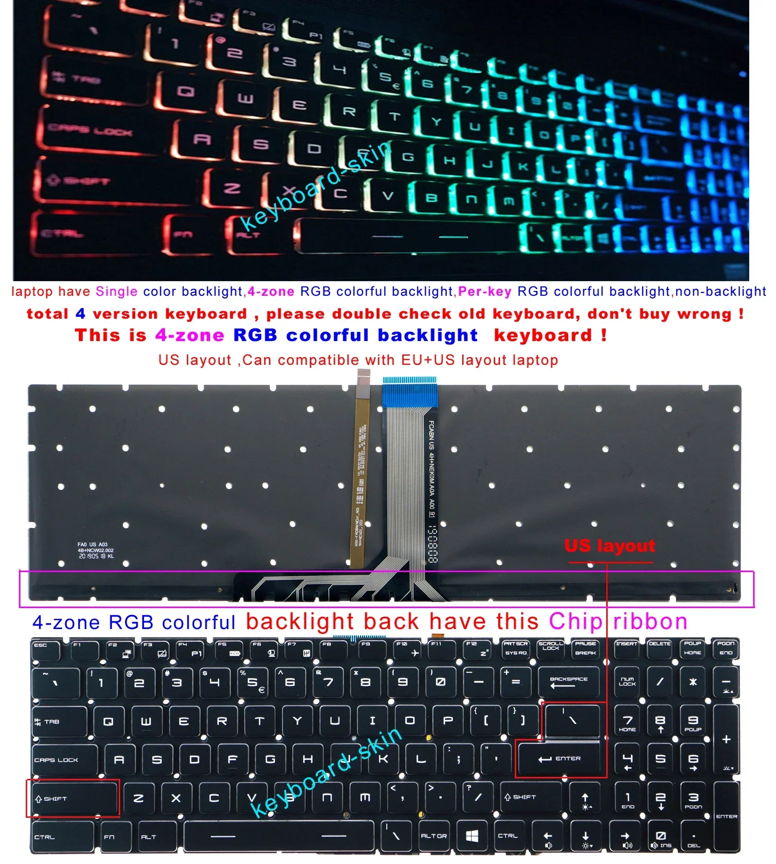 Фото Новая американская клавиатура RGB с цветной подсветкой для MSI MS-16J6 MS-16H4 MS-16H5 MS-16J4 MS-16J3 MS-1795 MS-17B1 MS-17A1 MS-1774 MS-16H2 №1