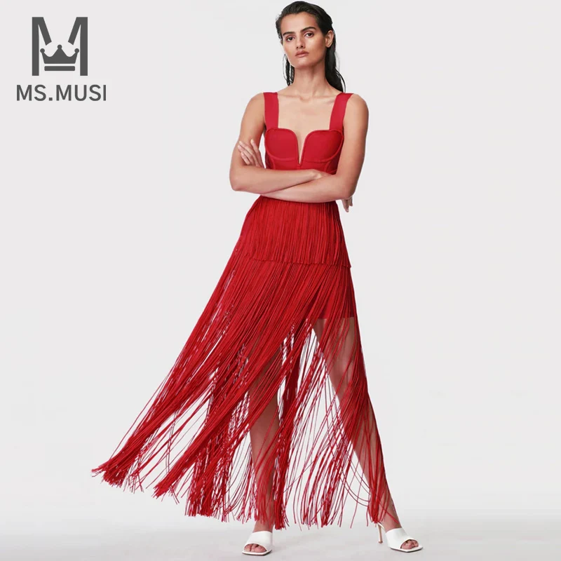 

Новинка 2022, модное женское сексуальное красное платье MSMUSI на бретелях, с V-образным вырезом и кисточками, без рукавов, облегающее платье-миди с открытой спиной для вечеринки, клуба, свадьбы