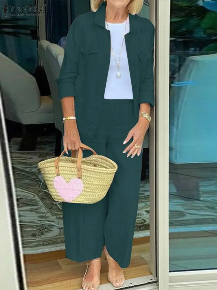 

ZANZEA 2pcs Women Wide Leg Trousers Suits Fashion Spring Long Sleeve Tops Pants Sets Solid Work Loose Casual Matching Sets 2023