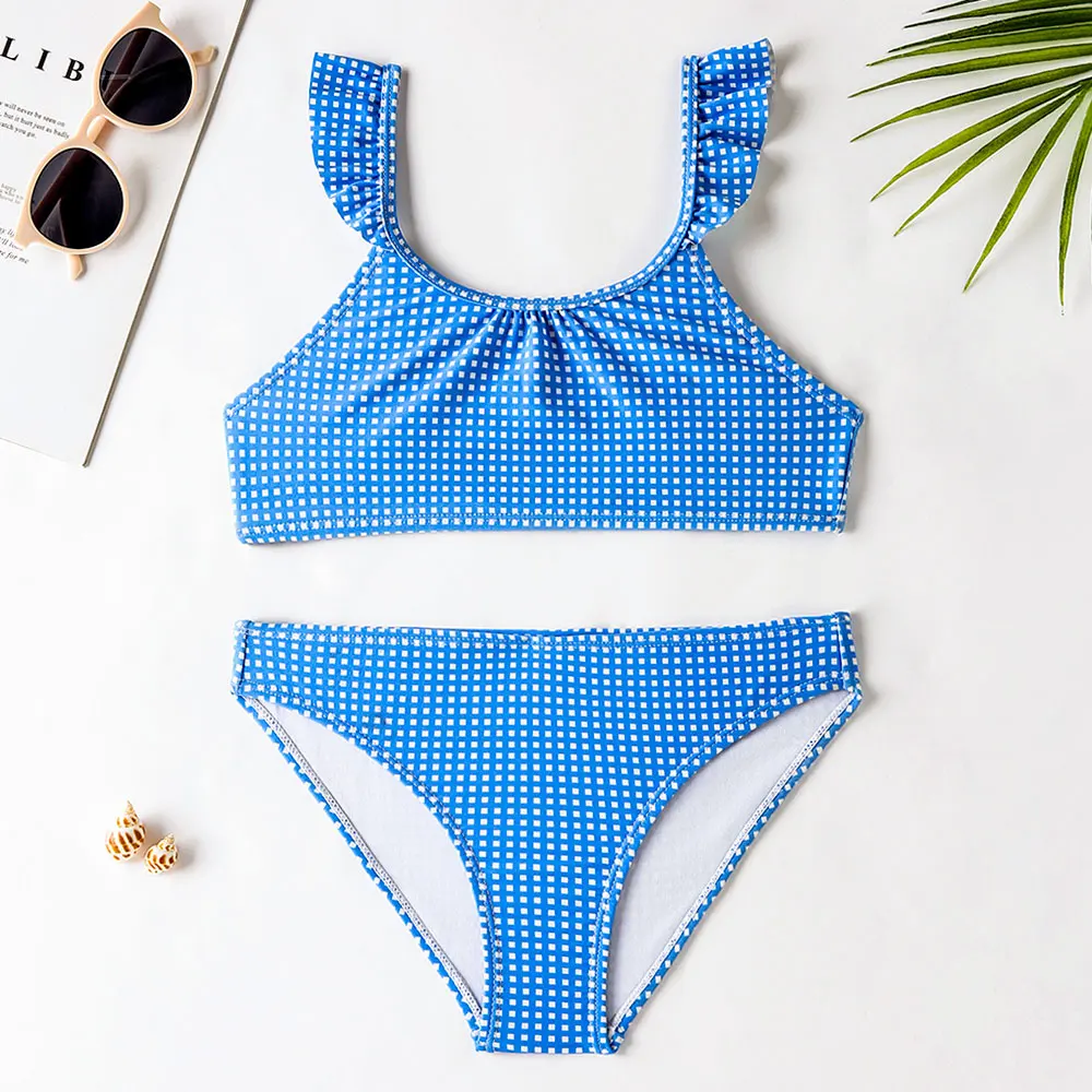 

Plaid Girl Swimsuit Kids Ruffle Strap Bikini Set 7-14 Years Two Piece Children's Swimwear 2022 Teenagers Bathing Suit Beachwear