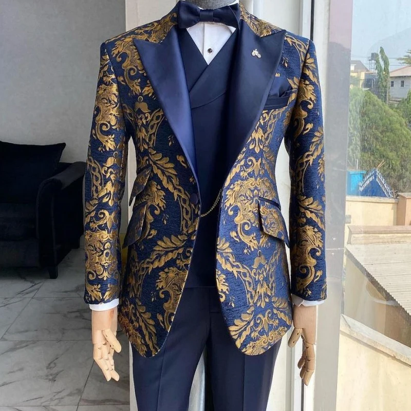 For Men Wedding Slim Fit Navy Blue And Gold Gentleman Jacket With Vest Pant 3 Piece Male Costume