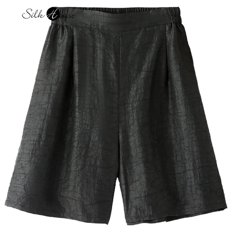 2023 Women's Fashion New Silk Fragrant Cloud Turtle Crack Loose Pocket Wide Leg Pants Mulberry Silk Casual Shorts