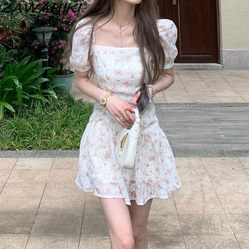 

ZAWAHIKI Short Sleeve Flower Print Sweet Dresses High Waist Square Collar Vintage Femme Robe Harajuku Summer New Slim Mini Dress