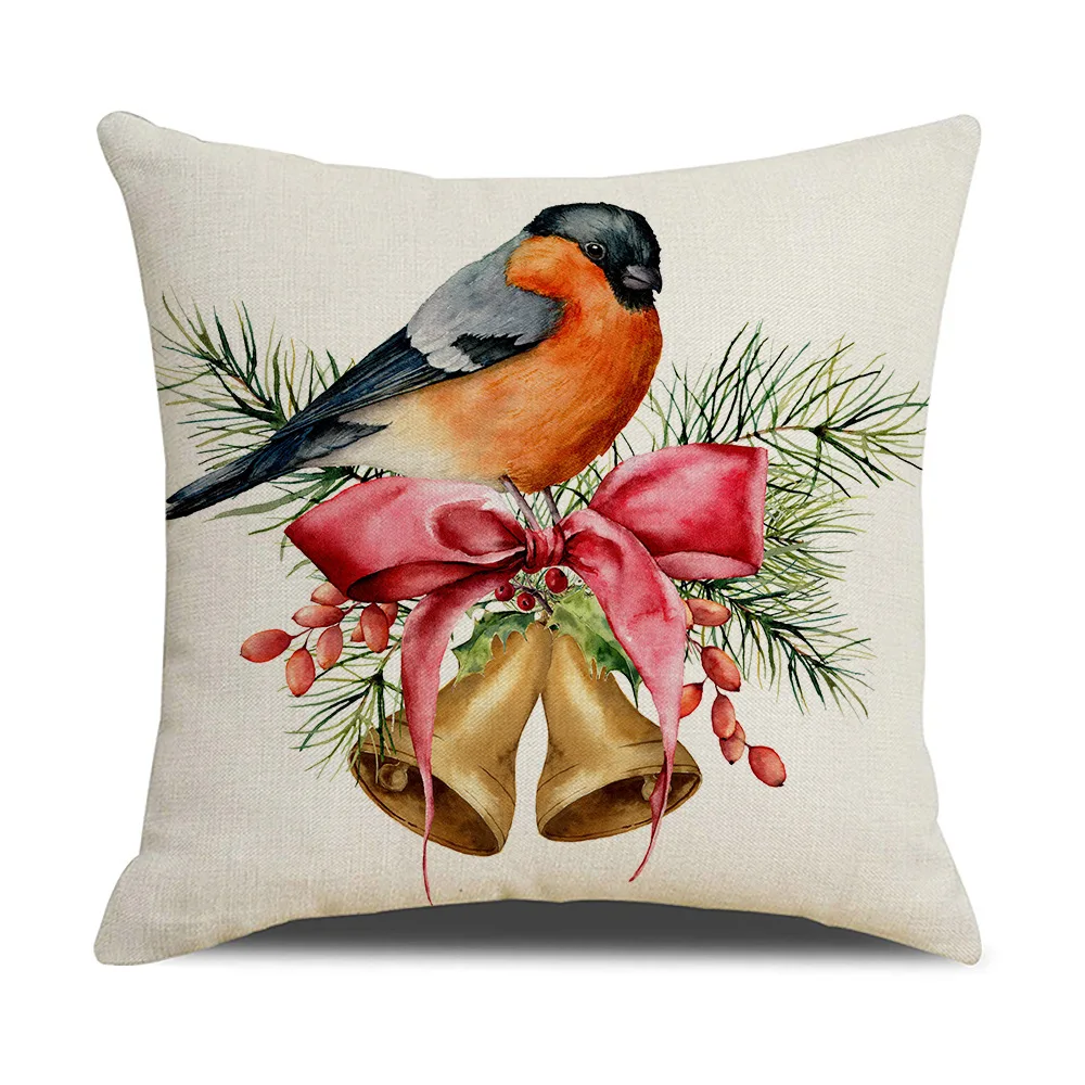 

Christmas Cushion Cover Simple Painting Printed Pillow Covers Xmas Decorations Candle Bird Flower Linen Pillowcase