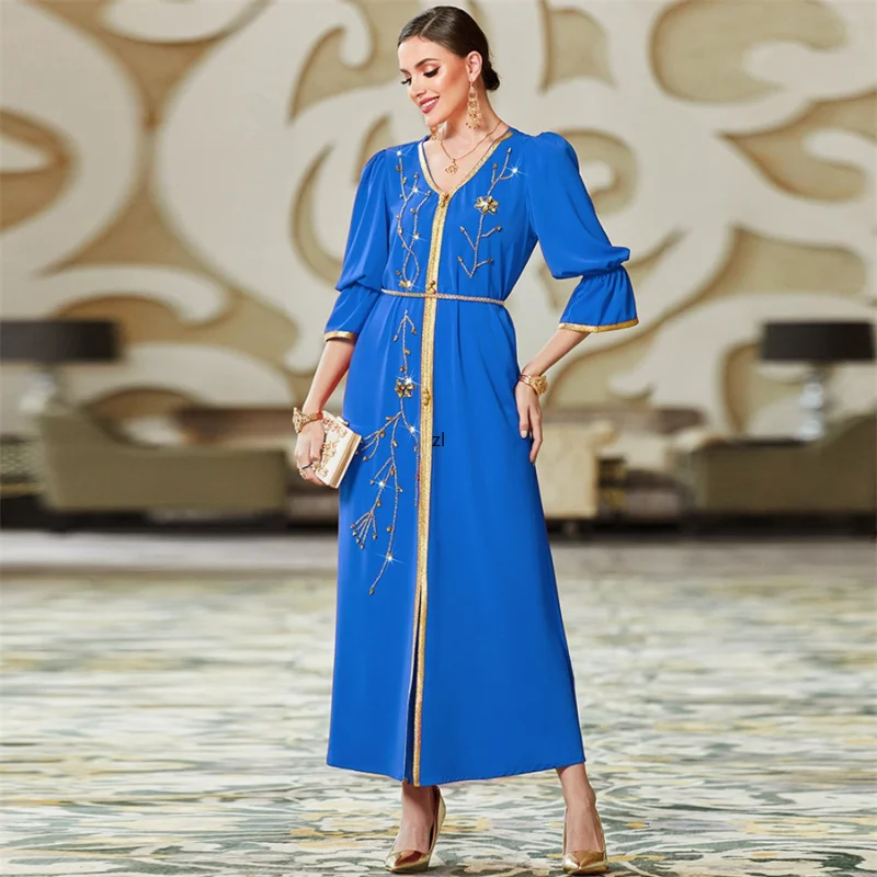 Floral Rhinestone Lace Tape Belted Satin Dresses Flare Sleeve Kaftan Abaya Muslim Women's Long Dress Jalabiyat Ramadan 2023