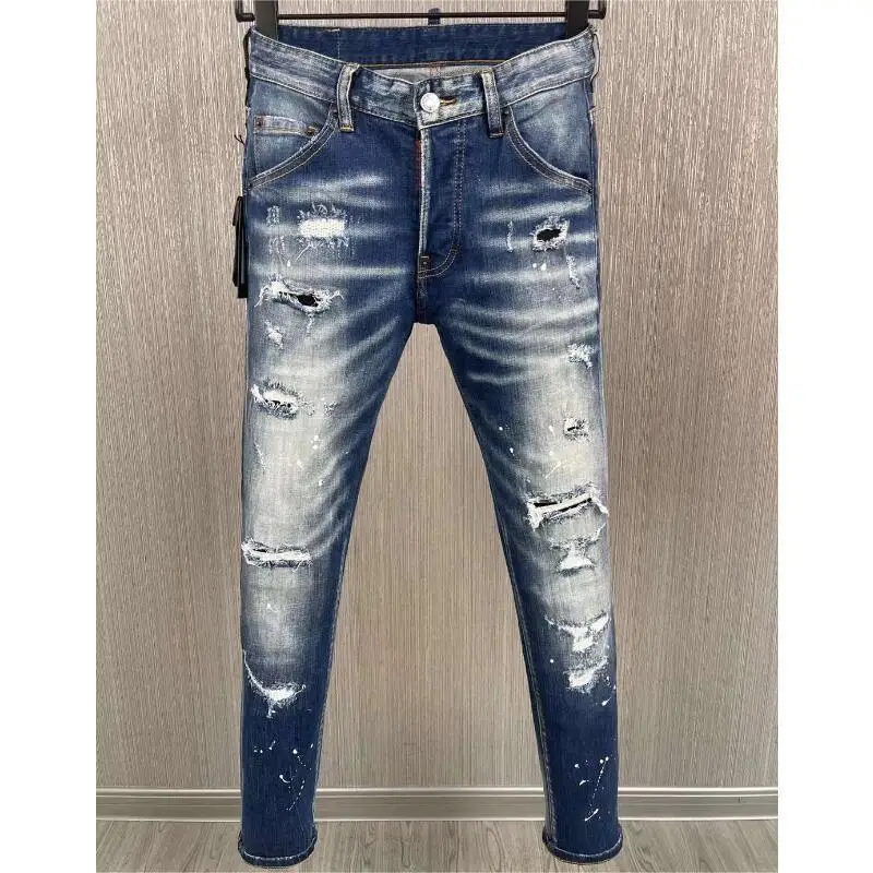 

Men's Trendy Style High Street Moto&Biker Slim Jeans Casual Hole Spray Paint Denim Pants 9897#