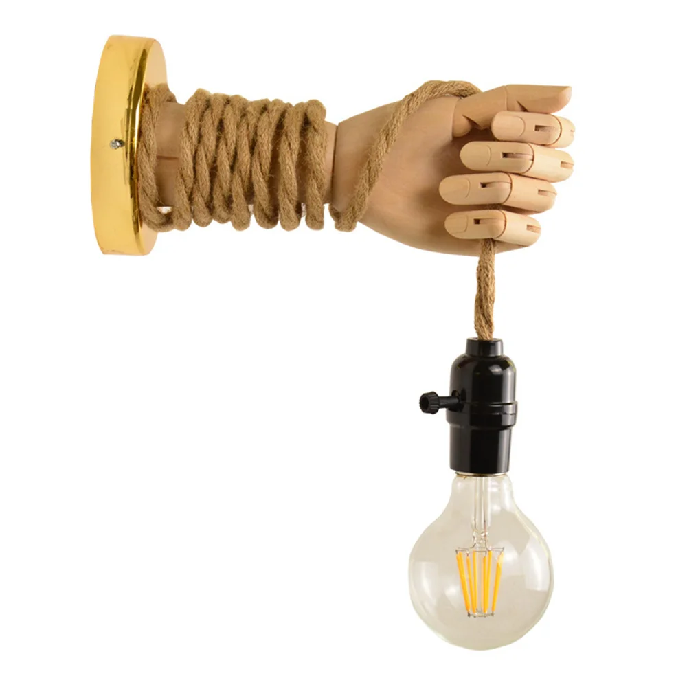 

Креативная винтажная настенная лампа в виде кулака, бра в стиле лофт из железного дерева и пеньковой веревки, прикроватный светильник для г...