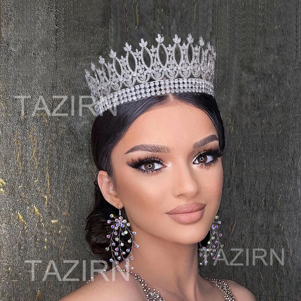 Фото TAZIRN полностью кубический цирконий, свадебные большие круглые короны и диадемы, головной убор принцессы и королевы с цирконием, аксессуары для волос, подарок для женщин №3
