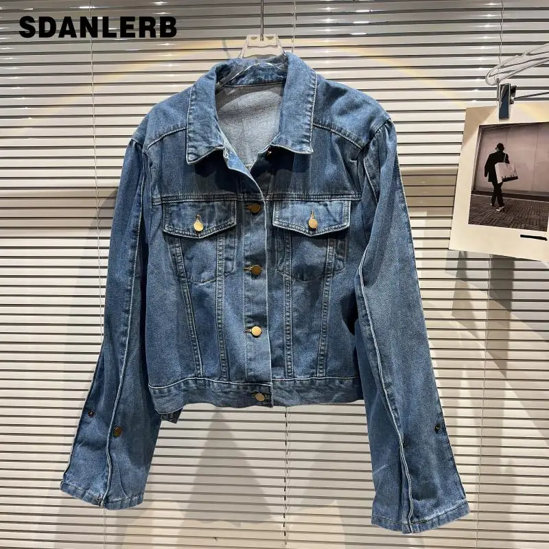 

Женская короткая джинсовая куртка, укороченная джинсовая куртка с длинным рукавом и карманами, весна-осень 2022